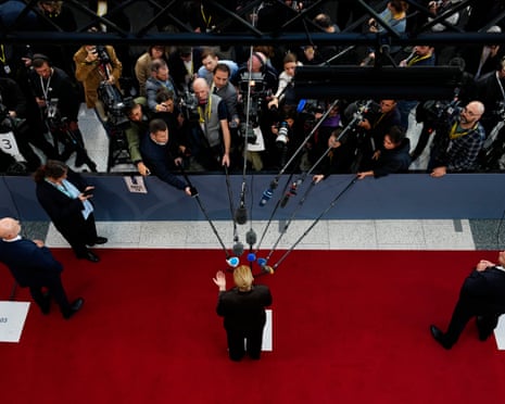 Denmarks prime minister Mette Frederiksen talks to the media on her arrival prior to a meeting of the European Political Community (EPC) in Copenhagen, Denmark.