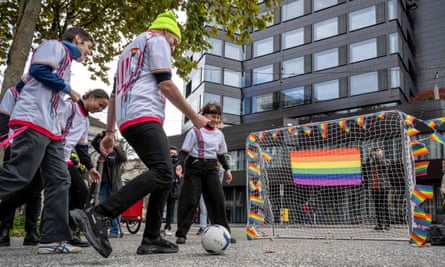 LGBT+ activists play football in front of the Fifa museum in Zurich ahead of the Qatar World Cup.