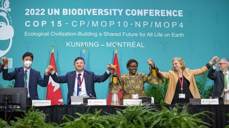 Speakers joining hands in front of poster saying 2022 UN Biodiversity Conference