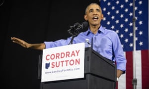 Barack Obama speaks during a campaign rally for Richard Cordray in Cleveland, Ohio.