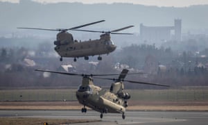 US Air Force CH-47 Chinook helicopters seen landing at the airport in Jasionka near Rzeszow