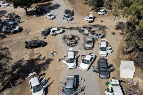 Aerial view of abandoned and torched vehicles
