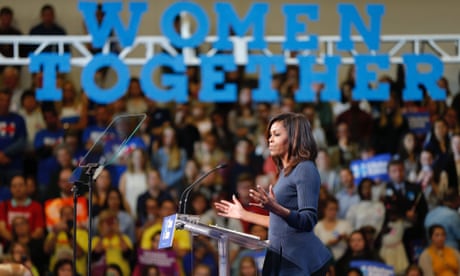 Michelle Obama addresses a crowd during a campaign stop for Hillary Clinton in Manchester, New Hampshire Thursday.
