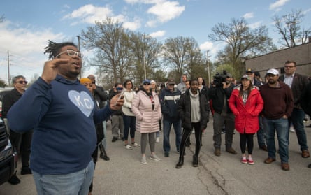Thea Davis, pastor at Restore Community Church, addresses a crowd of protestors before a march in Kansas City over the shooting of Ralph Yarl.