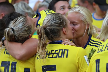The Sweden defender Magdalena Eriksson kisses her girlfriend, Pernille Harder, after Sweden beat Canada in the 2019 World Cup