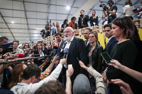 Frans Timmermans, the European Commission vice-president in charge of the European Green Deal, speaks to reporters.
