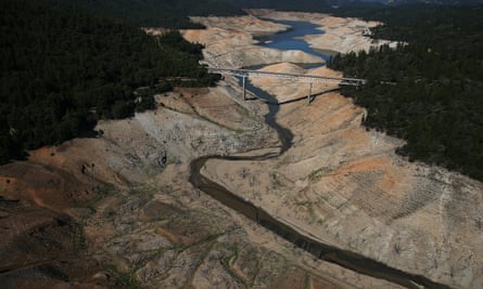 The Enterprise Bridge passes over a section of Lake Oroville that is nearly dry on 19 August 2014 in Oroville, California. The region is in the grip of a 20-year megadrought, research suggests.