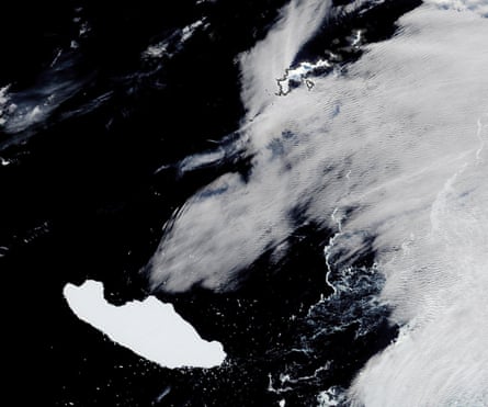 A satellite image of A-68A floating about 230km west-southwest of the South Orkney Islands in Antarctica in April.