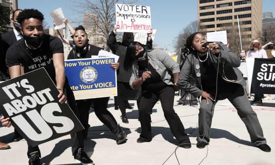 A protest against Georgia voter suppression efforts at the state capitol in Atlanta.