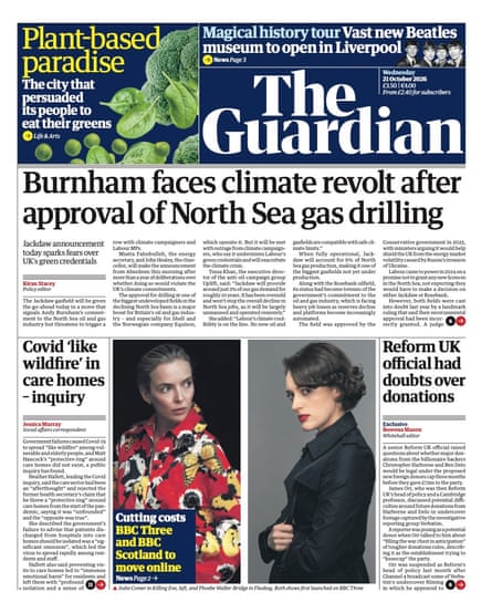 Front page of the Guardian 21 October 2026