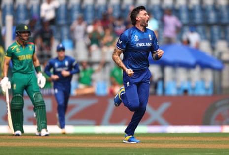 Topley celebrates after taking the wicket of de Kock.
