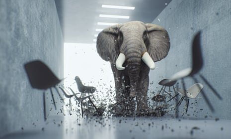 Angry elephant in the office. This is entirely 3D generated image.
