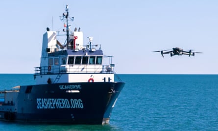 A Sea Shepherd vessel using a drone to document illegal fishing.