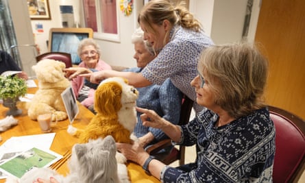 Residents interact with robot cats, dogs and birds at Oak Manor care home