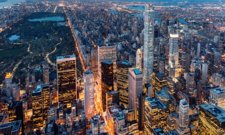 Midtown Manhattan from above at twilight, including 432 Park Avenue.
