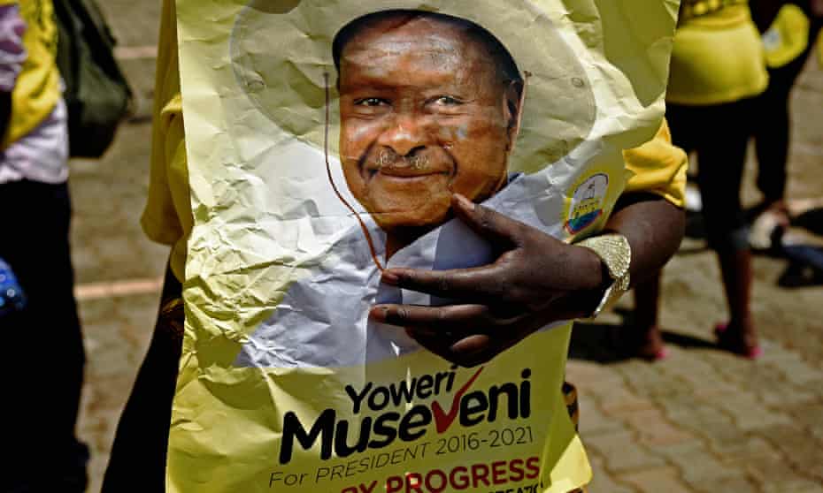 Campaigning for incumbent President Yoweri Museveni to remain in power in Uganda. 