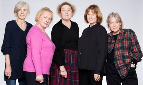Caryl Churchill, left, with the cast of her 2016 play Escaped Alone.