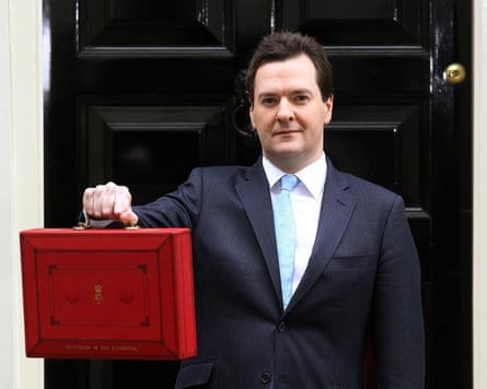 George Osborne holding up a red box outside the black door of 11 Downing Street