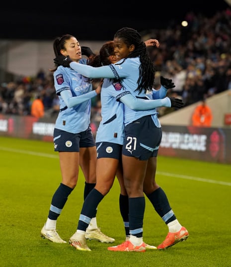 Khadija Shaw (right) celebrates scoring Manchester City’s second goal of the game during the Barclays Women's Super League match against Liverpool