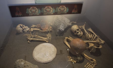 The skeletons of sacrificed Spaniards are displayed inside a glass case at the museum of the Zultepec-Tecoaque archeological site in Tlaxcala state, Mexico.