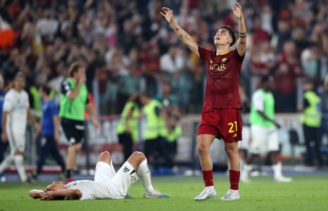Paulo Dybala celebrates following Roma’s victory over Spezia.