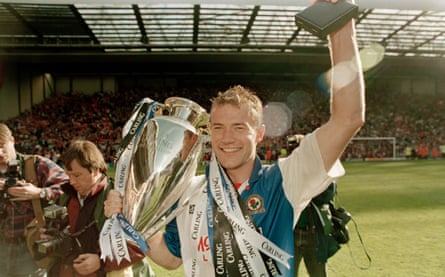 Alan Shearer celebrates after winning the Premier League with Blackburn in 1995.