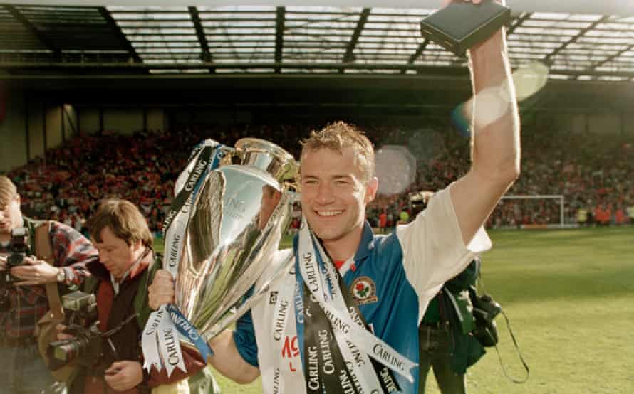 Alan Shearer celebrates after winning the Premier League with Blackburn in 1995.