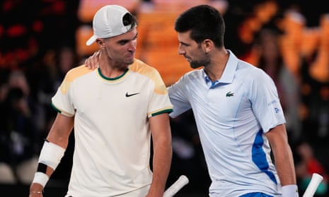 Novak Djokovic with Dino Prizmic after their first-round match at the Australian Open.