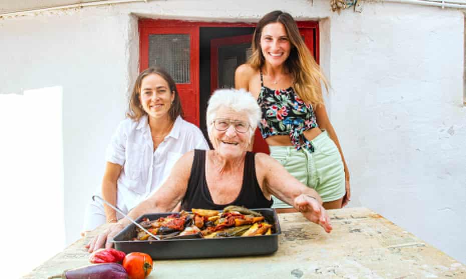 Anastasia Miari (right) in Corfu with her grandmother and the marinated sea bream dish.