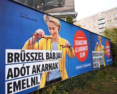 A Fidesz billboard portraying the European Commission president, Ursula von der Leyen as a puppet master