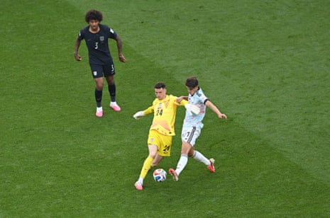 Charles De Ketelaere #17 of Belgium competes for the ball against Matt Freese