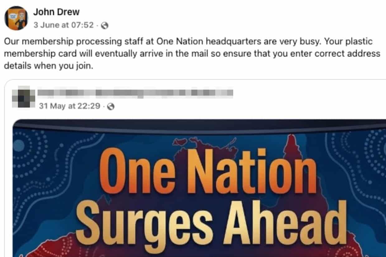 A post about One Nation membership with an article headlined ‘One Nation surges ahead’