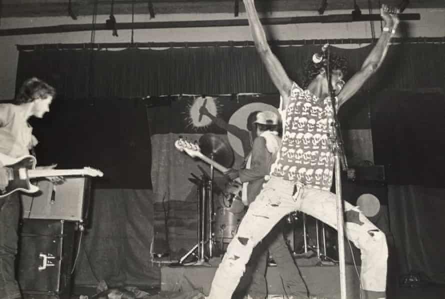 Warumpi Band lead singer George Rrurrambu Burarrawanga in full flight during a Rock Against Racism concert in 1984 in Fitzroy, Melbourne.
