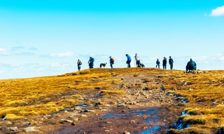 Walkers at the summit of hill in winter