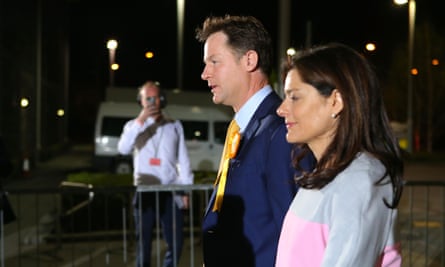 Liberal Democrat leader Nick Clegg and his wife Miriam González Durántez arrive for the count at his constituency in Sheffield. He had earlier claimed his party was going to be the night’s surprise success story.