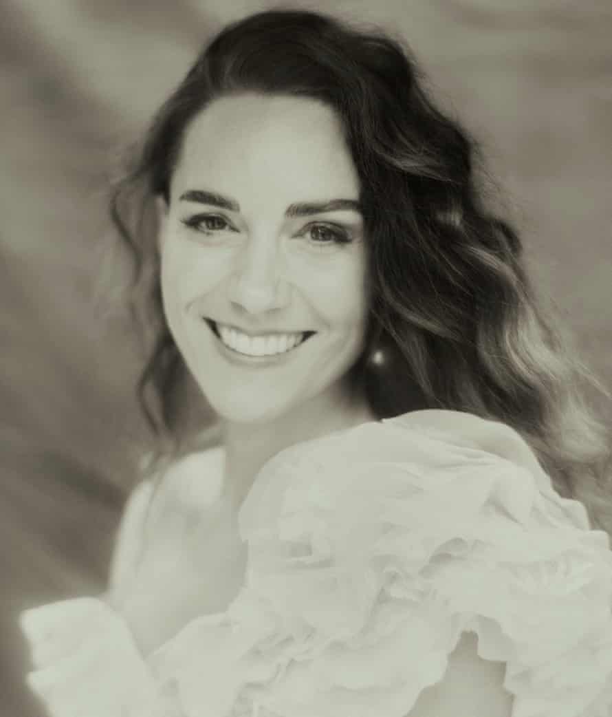 Black and white headshot of Duchess of Cambridge in a white dress