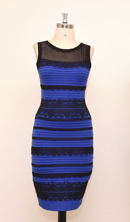 The blue and black dress on a tailor’s dummy.