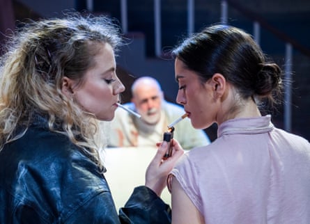 Sinister … Meghan Tyler as Fianna and Rachael Rooney as Alannah, with Stephen Kennedy as Da.