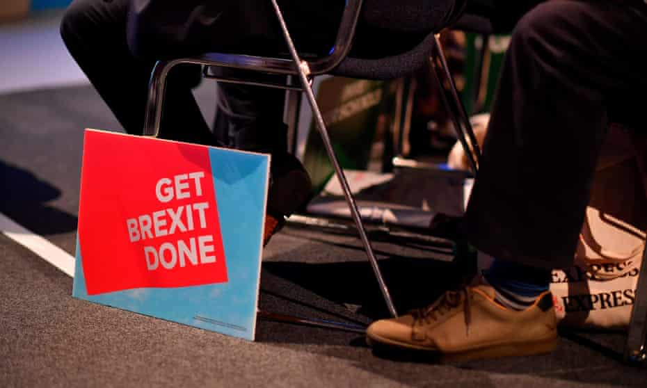 BRITAIN-EU-POLITICS-BREXIT-CONSERVATIVE-CONFERENCEA “Get Brexit Done” sign is seen on the floor in the main auditorium on the second day of the annual Conservative Party conference at the Manchester Central convention complex in Manchester, north-west England on September 30, 2019. - British Prime Minister Boris Johnson’s office has denied allegations he made unwanted sexual advances towards two women 20 years ago. Journalist Charlotte Edwardes wrote in a column for The Sunday Times that Johnson put his hand on her thigh at a dinner party thrown by the magazine he was editing at the time. (Photo by Ben STANSALL / AFP)BEN STANSALL/AFP/Getty Images