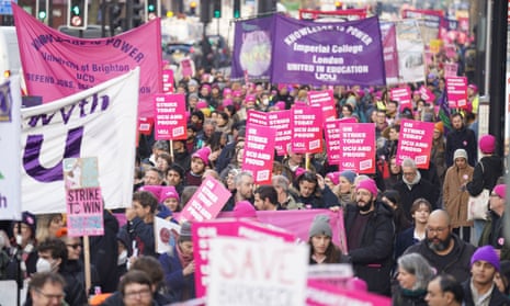 Members of the University and College Union (UCU) holding a strike rally on the Euston Road in London today.