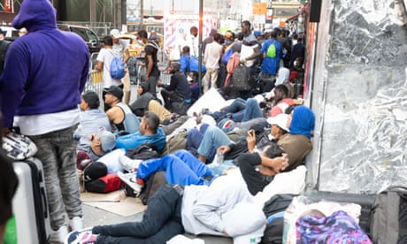 RECENTLY ARRIVED MIGRANTS SEEKING ASYLUM.E, New York, U.S. - 02 Aug 2023<br>Mandatory Credit: Photo by Brian Branch Price/ZUMA Press Wire/Shutterstock (14033328i) Migrants from various countries wait in line to be seeking shelter at the Roosevelt Hotel in New York. New York Mayor Eric Adams is seeking to open Randalls Island for the overflow of migrant housing. An unidentified asylum seeker has come as far away as Senegal walking from border to border and eventually getting a ride to El-Salvador then a journey north to the United States. RECENTLY ARRIVED MIGRANTS SEEKING ASYLUM.E, New York, U.S. - 02 Aug 2023