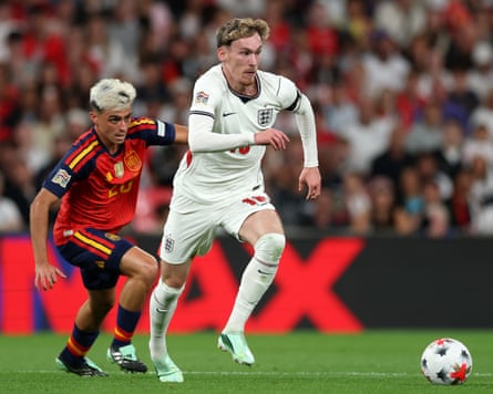 The Spain midfielder Pedri and England midfielder James Garner battle for the ball during Spain’s 3-2 Nations League win at Wembley.