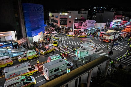Ambulances at the scene in Itaewon.