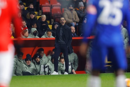 Chelsea’s new head coach Liam Rosenior shouts instructions to his players from the touchline.