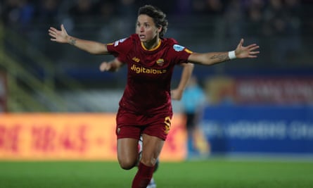 Valentina Giacinti celebrates after Roma's opening goal in their 1-1 draw against Wolfsburg.