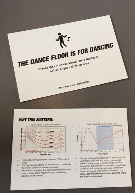 A business card with The dancefloor is for dancing written on it