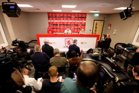 Middlesbrough manager Kim Hellberg speaks to the media during a press conference