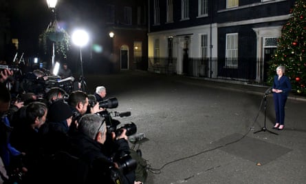 May holding a press conference in Downing Street after winning a vote of confidence in her leadership of the Conservative party by 200 votes to 117.