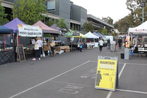 Social distancing signs at Eltham farmers’ market.