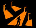 silhouette of a man standing in the light of an open door, as he faces other open doors
